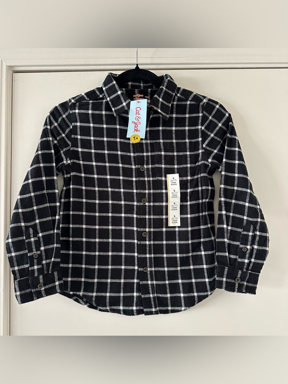 Cat & Jack Boys Black and White Plaid Button-Up Flannel Kids Shirt